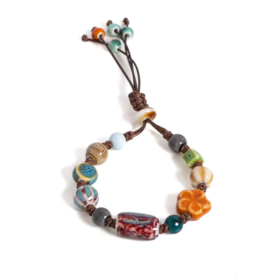 Handmade Ceramic Beaded Bracelet Adjustable Boho Woven Jewelry Vintage Ethnic Style Gift for Women Fashion Accessories S02-035